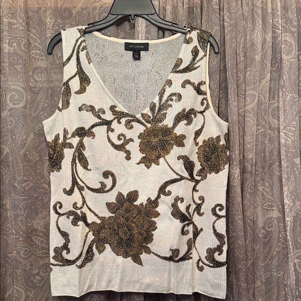 St. John White and Gold Floral Embellished Tank Top
